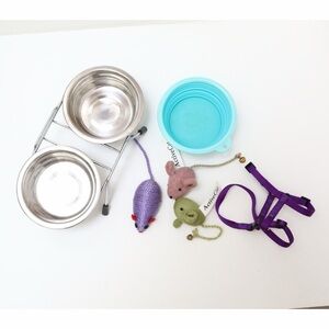 Set of cat toys and bowls rattling mice kitten collar harness collapsible bowl